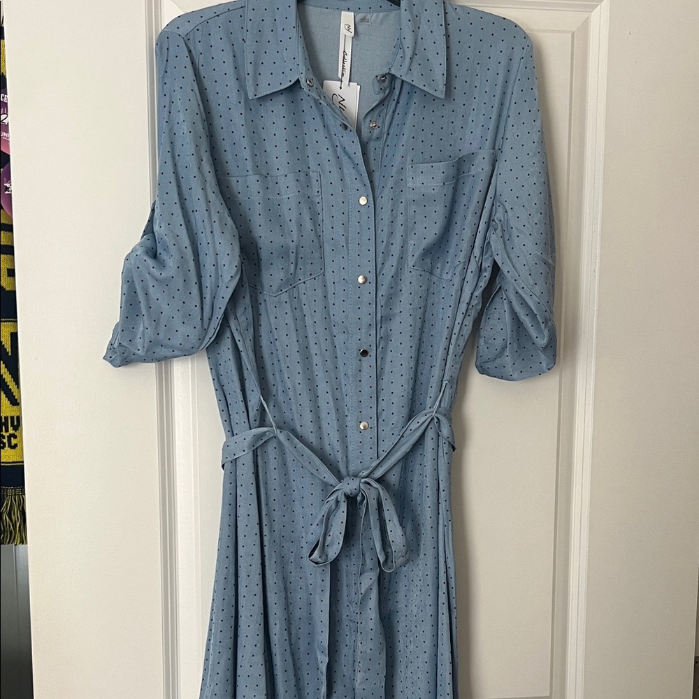 NY Collection Blue Polka Dot Shirt Dress